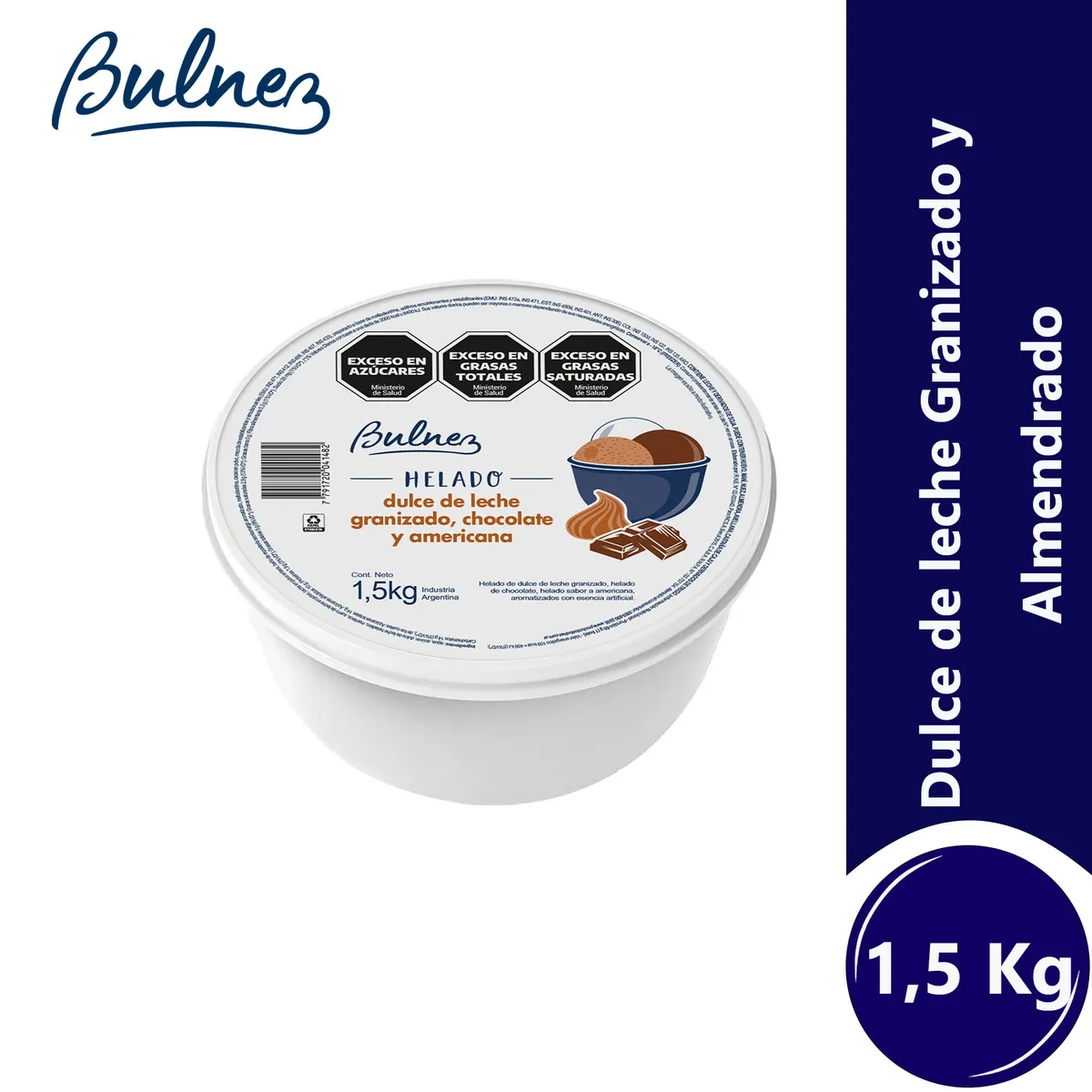 Helado de dulce de leche granizado chocolate y americana Bulnez en balde 1.5 kg