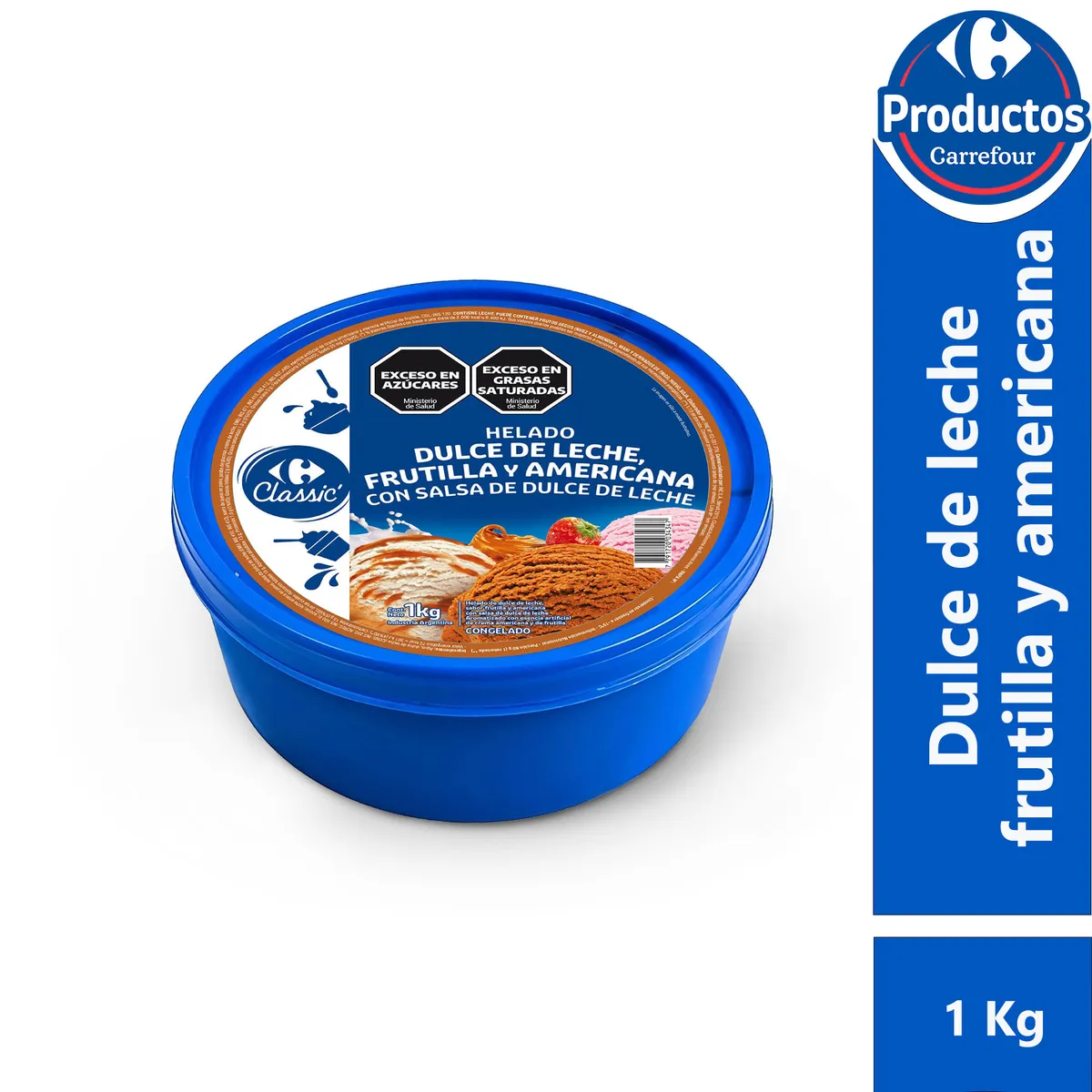 Helado Carrefour classic de dulce de leche americana y frutilla con salsa de ddl 1 kg