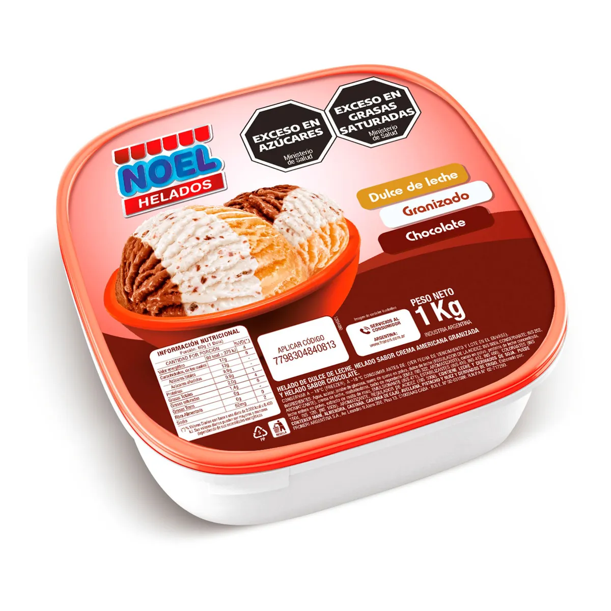 Helado de dulce de leche,granizado y chocolate Noel en balde 1 kg.
