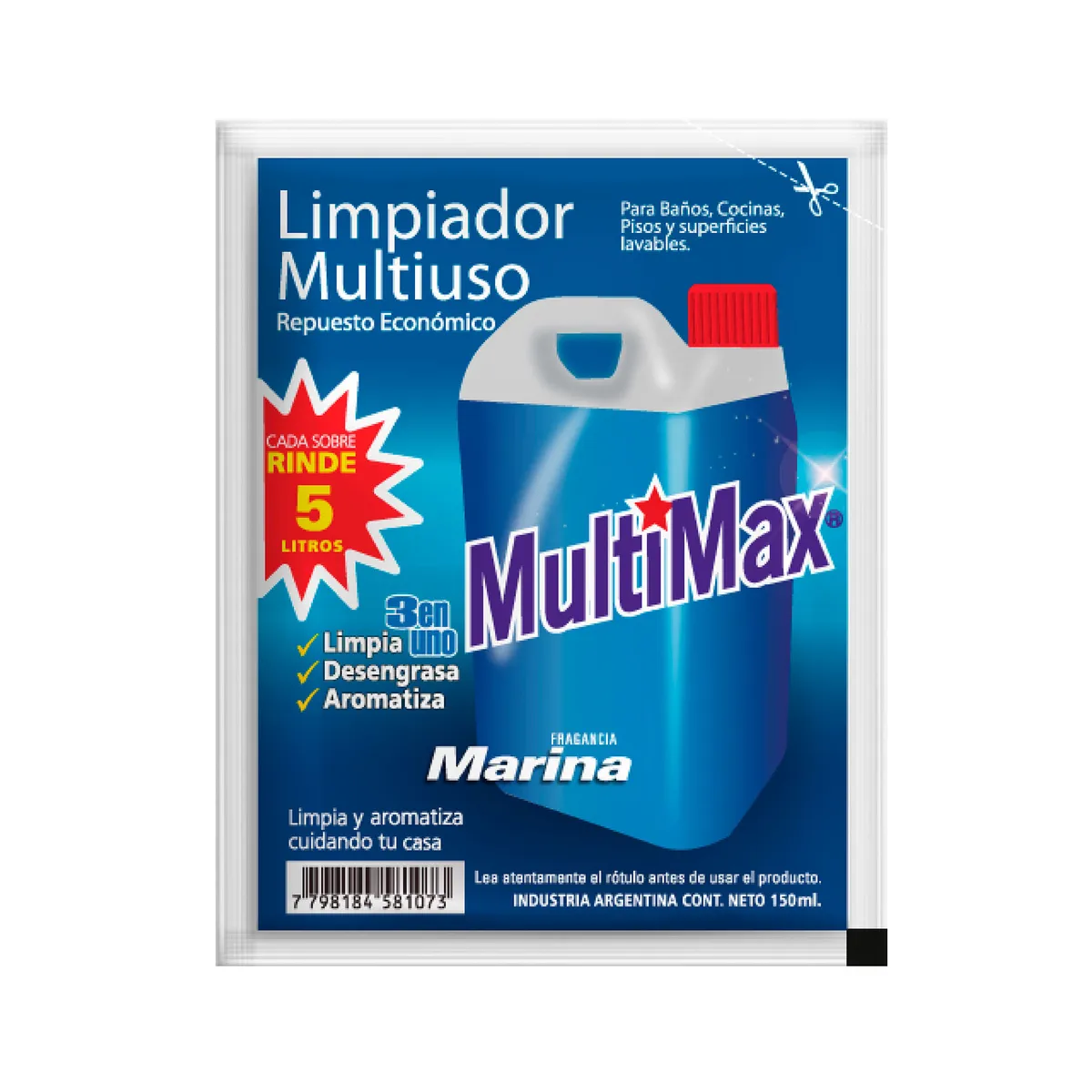 Limpiador multiuso Multimax para diluir marina (rinde 5 litros) 150 ml.