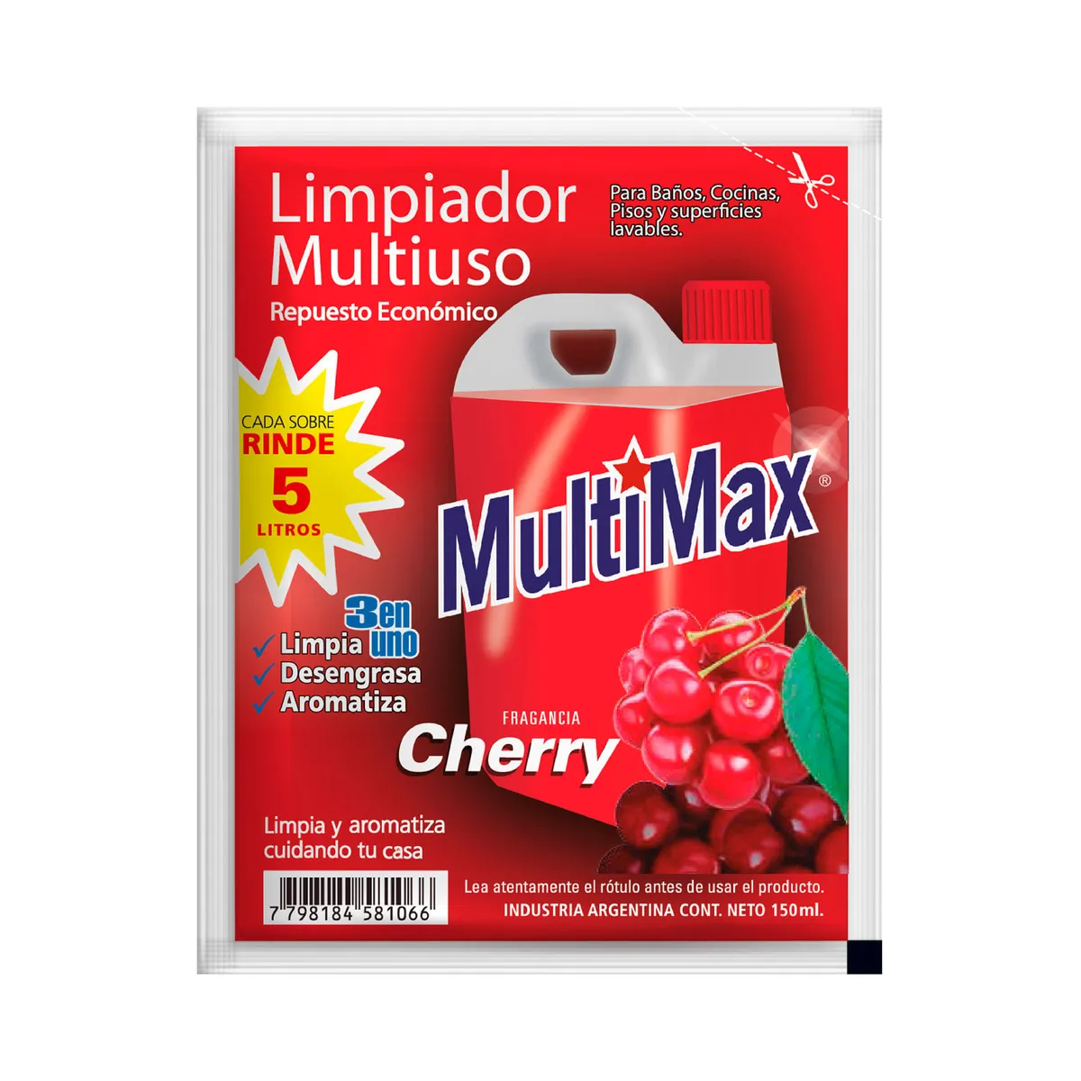 Limpiador multiuso Multimax para diluir cherry (rinde 5 litros) 150 ml.