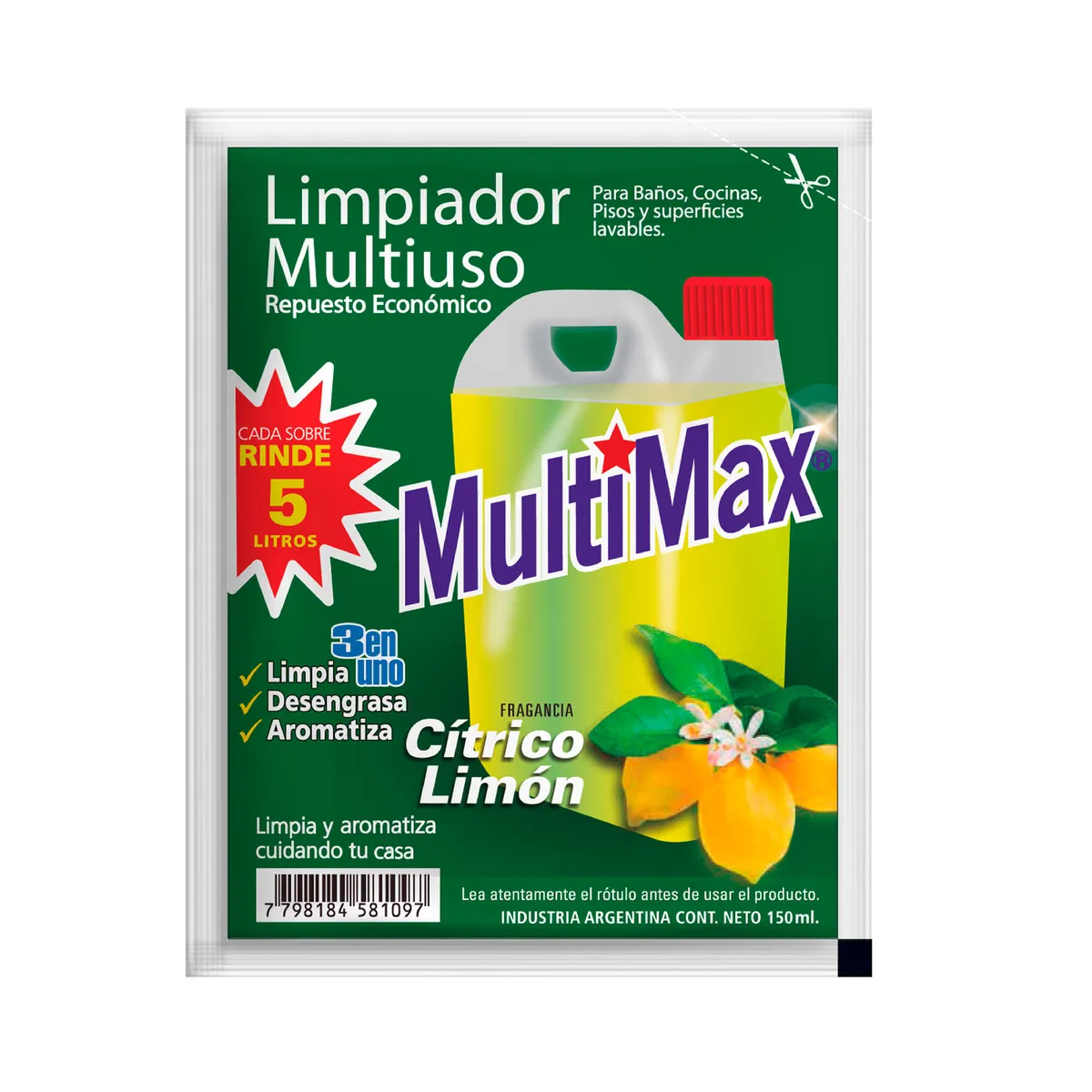 Limpiador multiuso Multimax para diluir citrico limon (rinde 5 litros) 150 ml.