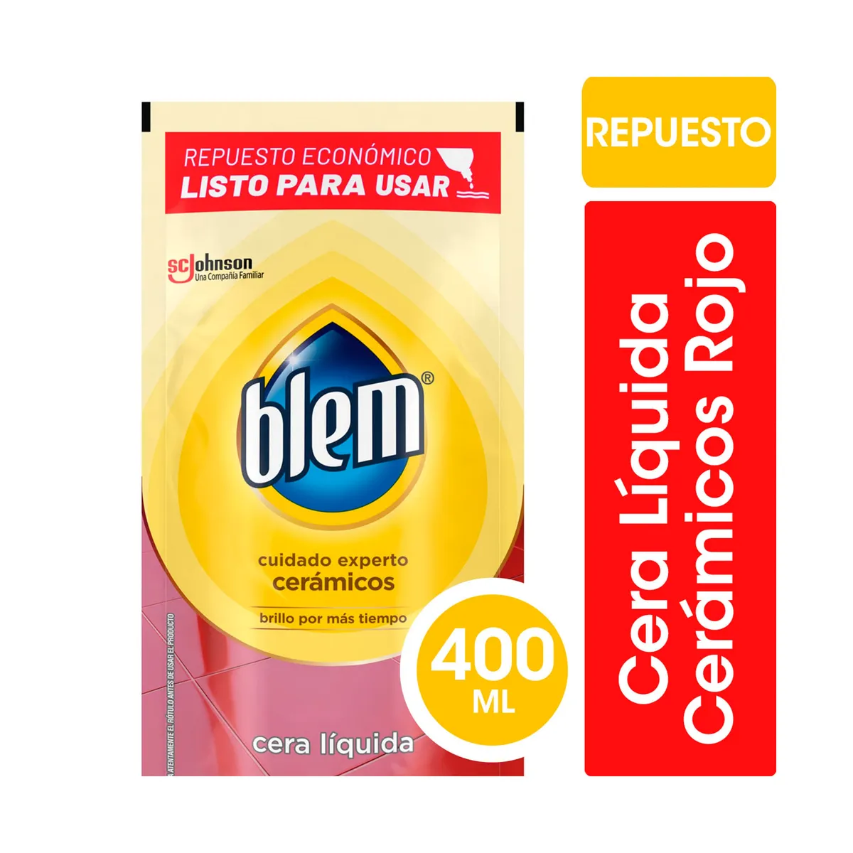 Cera líquida pisos cerámicos Blem rojo repuesto económico 450 ml.