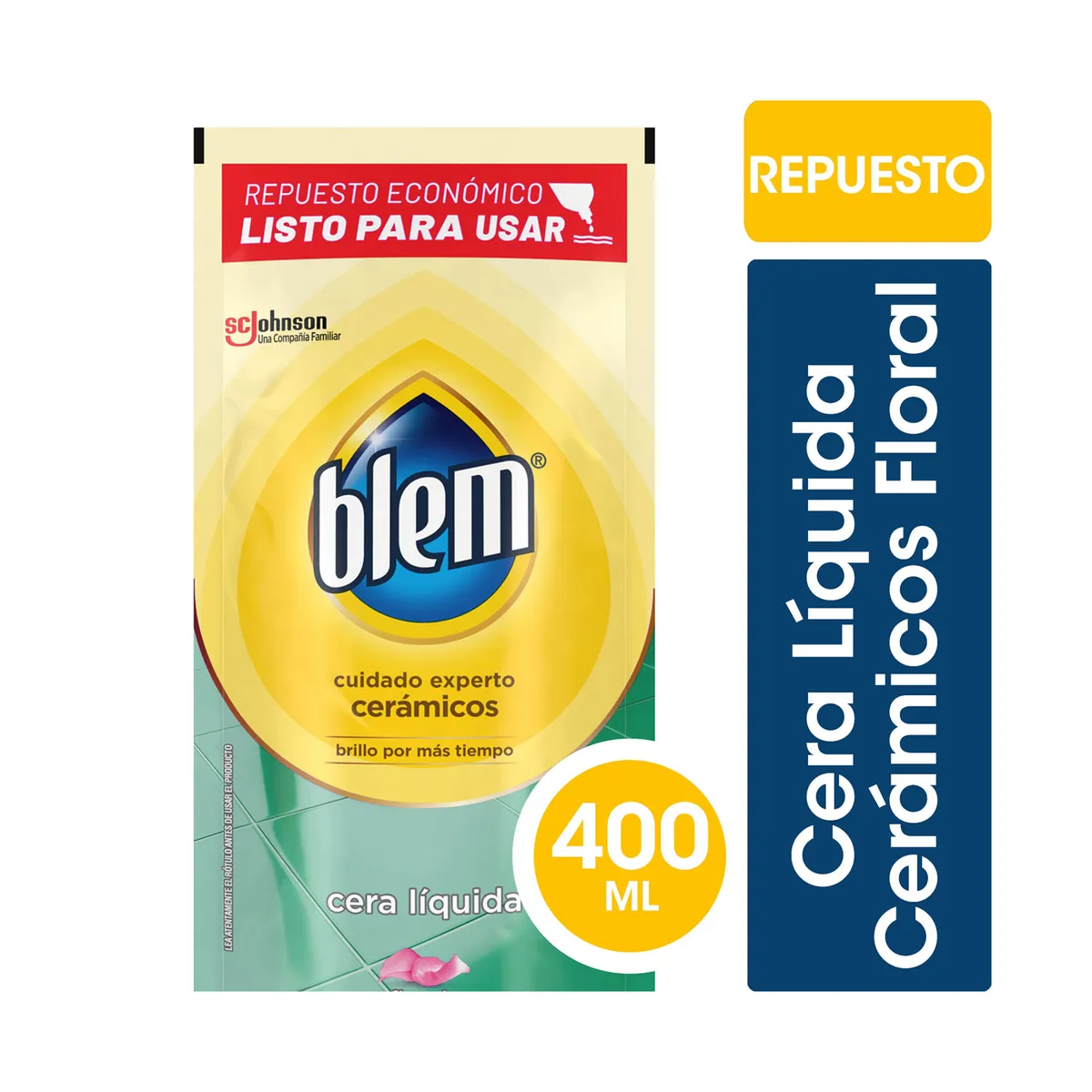 Cera líquida pisos cerámicos Blem floral repuesto económico 450 ml.