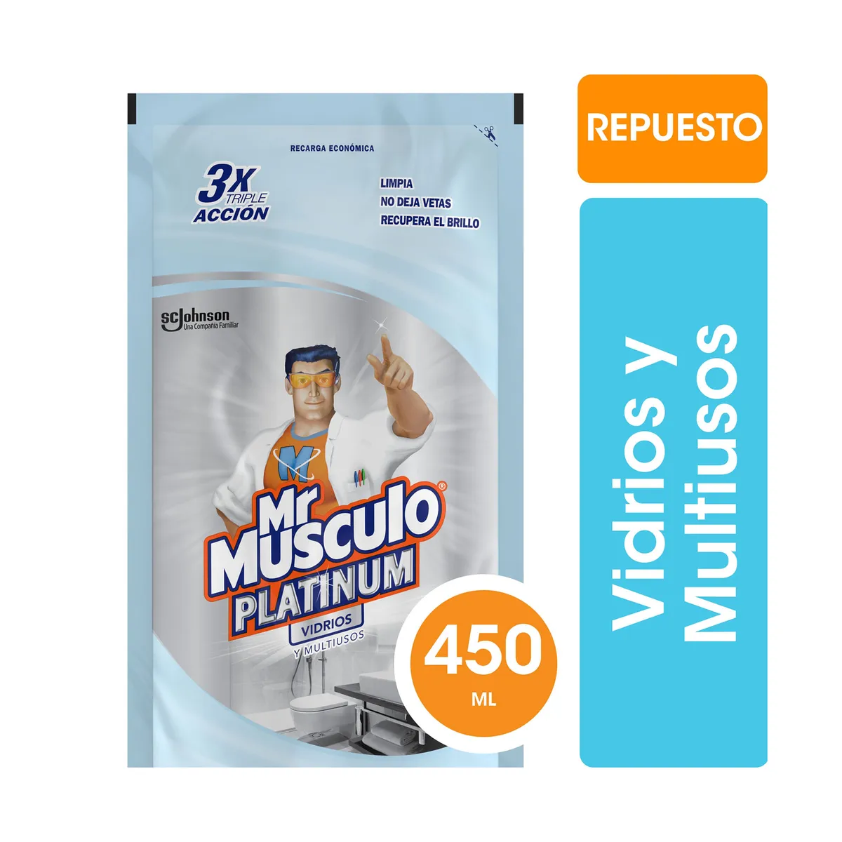 Limpiador líquido vidrios y multiusos Mr Músculo Platinum repuesto 450 ml