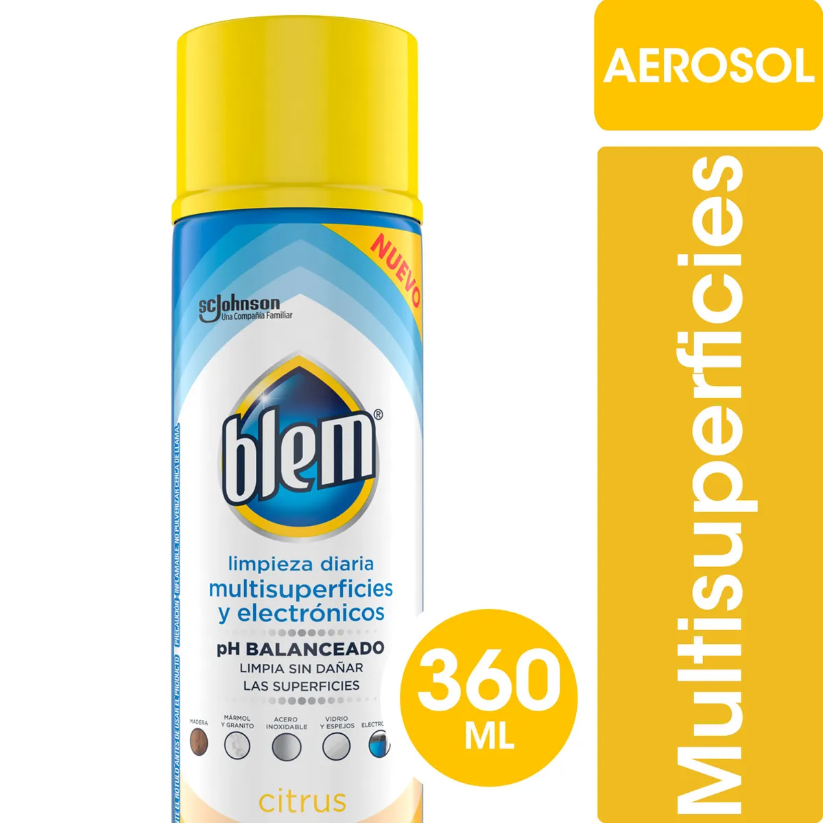 Limpiador multisuperficies y electrónicos Blem citrus aerosol 360 ml.