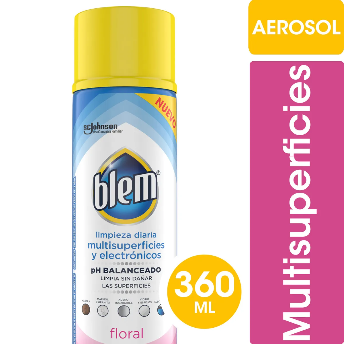 Limpiador multisuperficies y electrónicos Blem floral aerosol 360 ml.