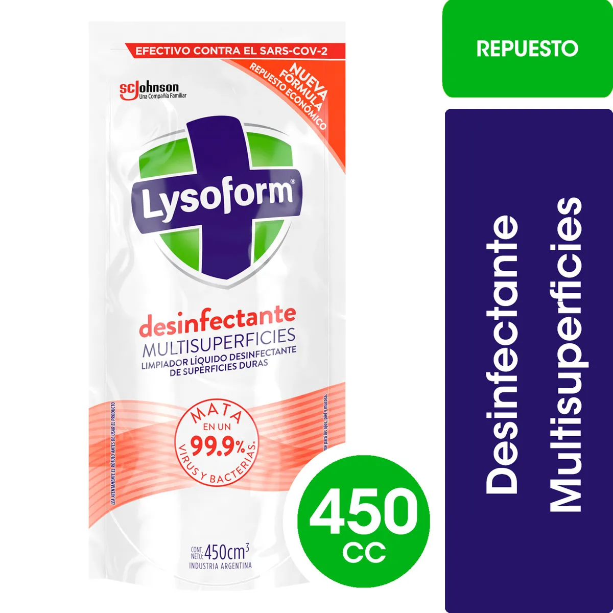 Limpiador líquido desinfectante Lysoform multisuperficies repuesto 450 ml.