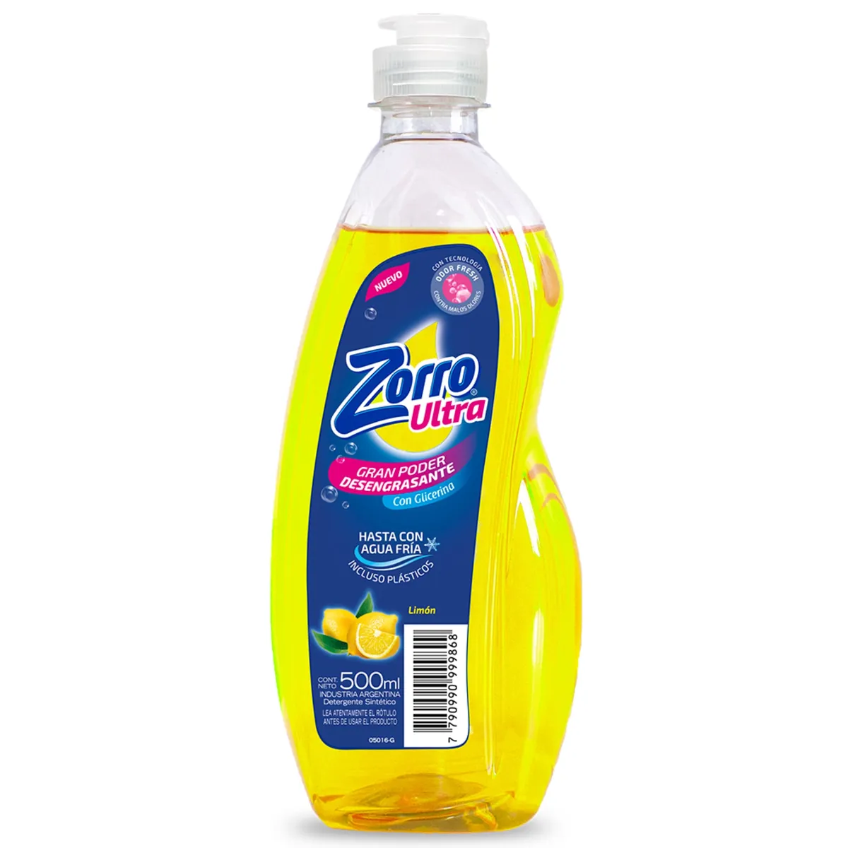 Lavavajilla Zorro con glicerina limón botella 500 cc.