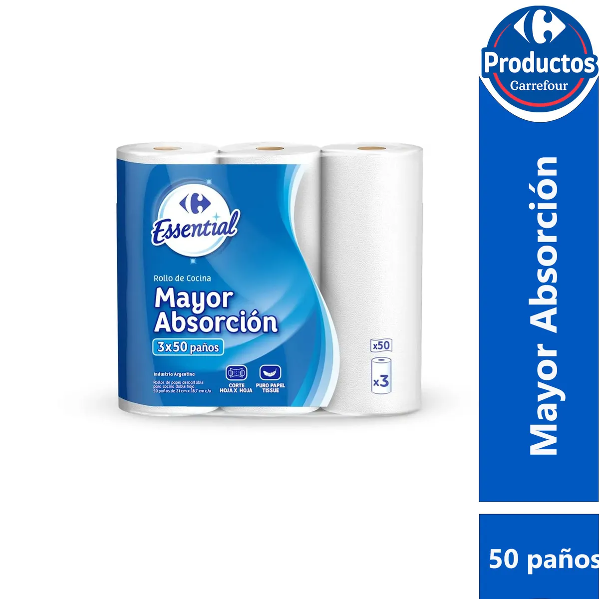 Rollo de cocina Carrefour Essential 3 x 50 paños