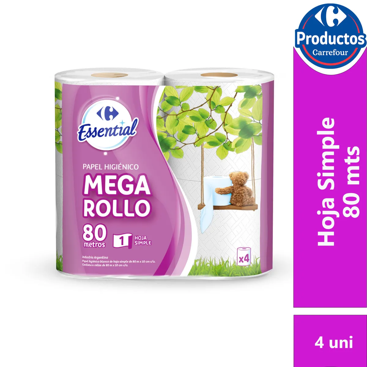 Papel higiénico hoja simple Carrefour Essential x4 80 mts.