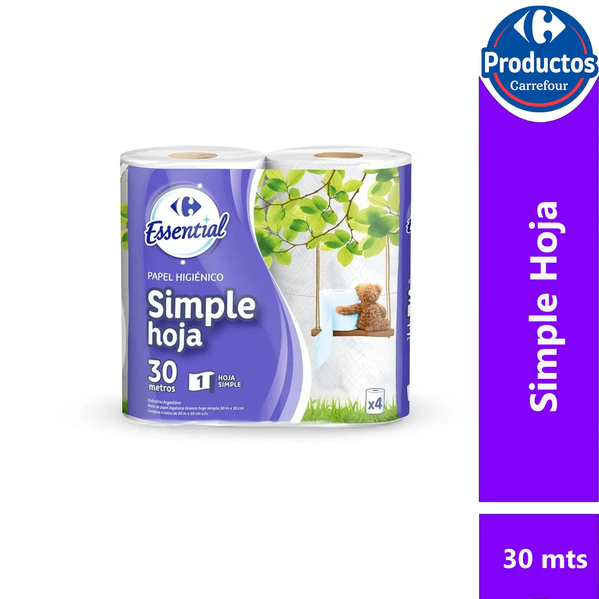 Papel higiénico hoja simple Carrefour Essential 4 x 30 mts