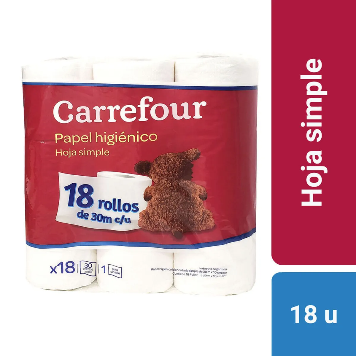 Papel higiénico hoja simple Carrefour 18 x 30 m.