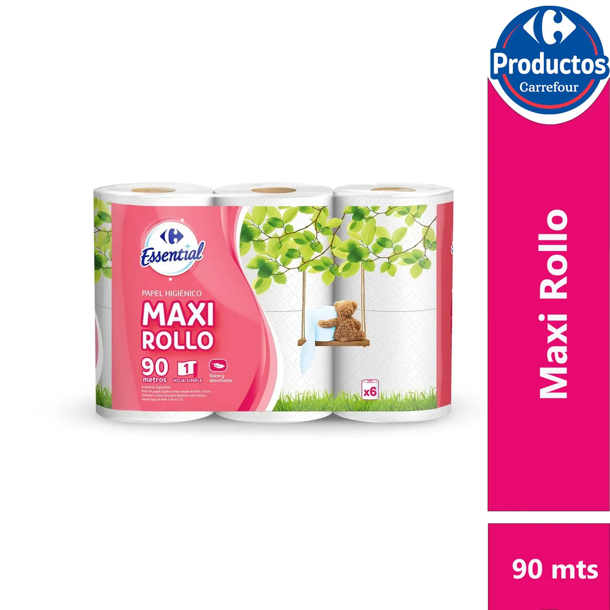 Papel higienico hoja simple Carrefour Essential x6 90 mts.