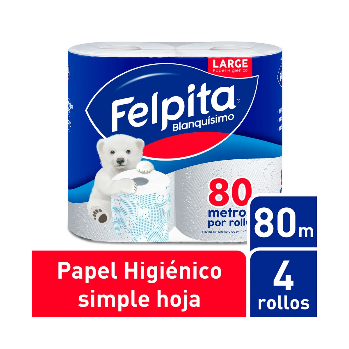 Papel higiénico Felpita blanquísimo hoja simple 4 x 80 m.