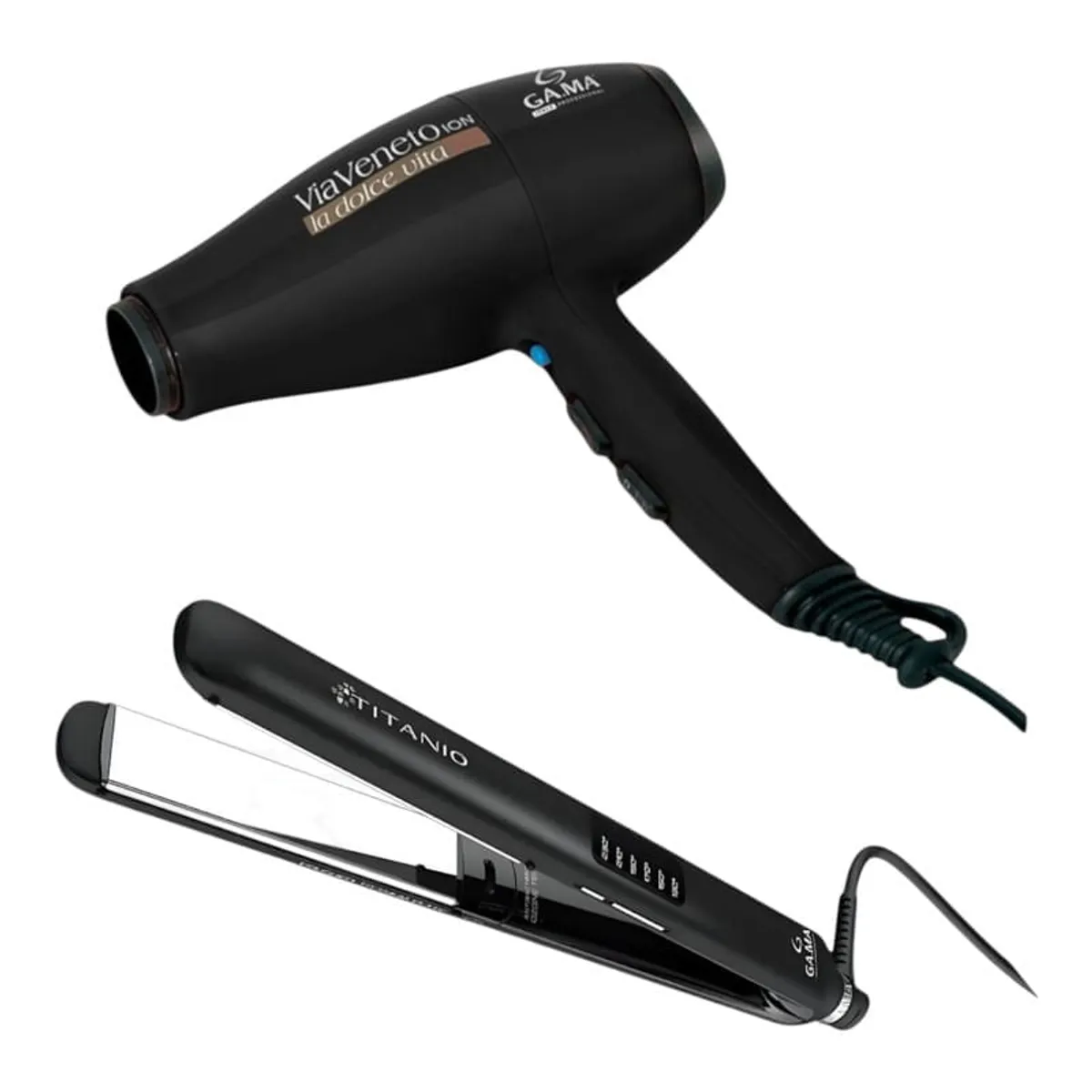 Combo Plancha de Pelo CP14 Dig. Titanio Gama + Secador de Pelo Via Veneto Black ION