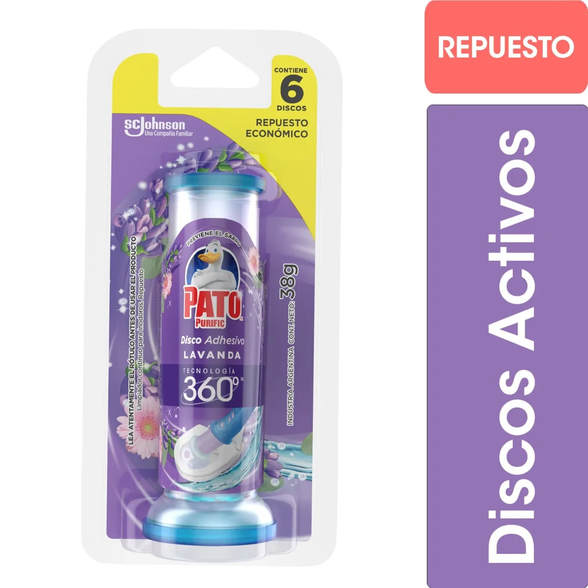 Discos adhesivos para inodoro Pato lavanda repuesto 38 g.