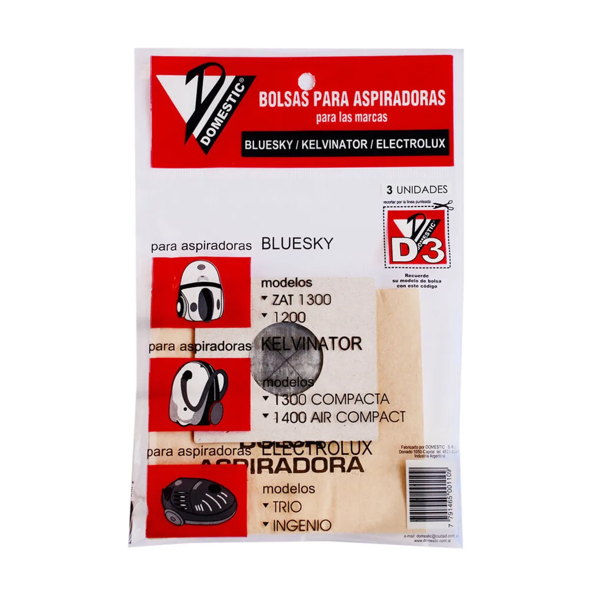 Bolsas para aspiradora Domestic Bluesky Kelvinator Electrolux 3 u.
