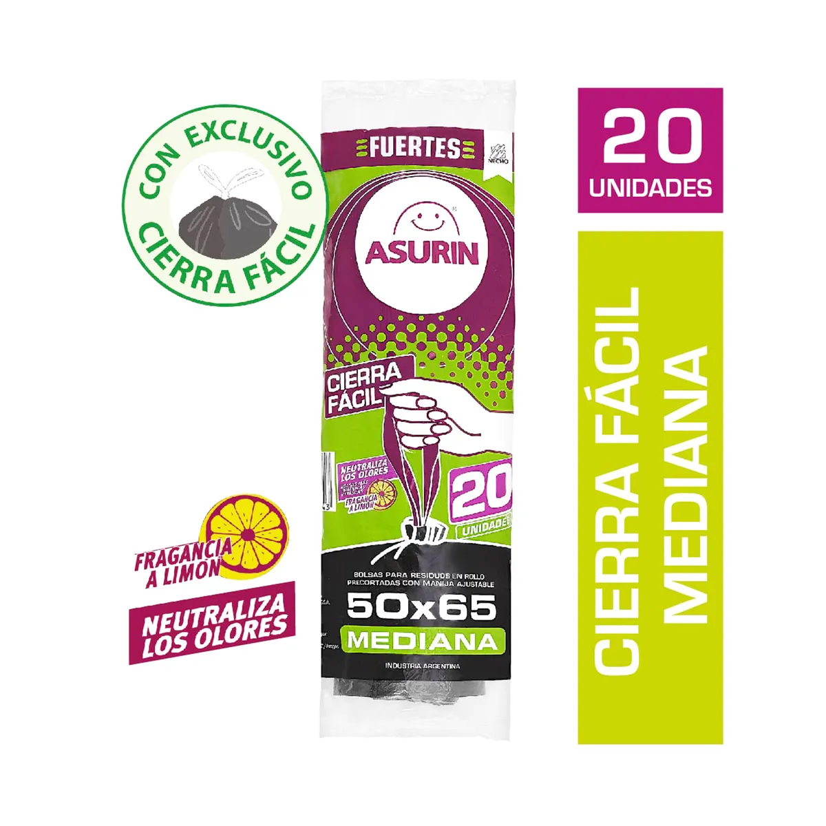 Bolsa residuos Asurin cierre fácil mediana limón 50 x 65 x 20 u.