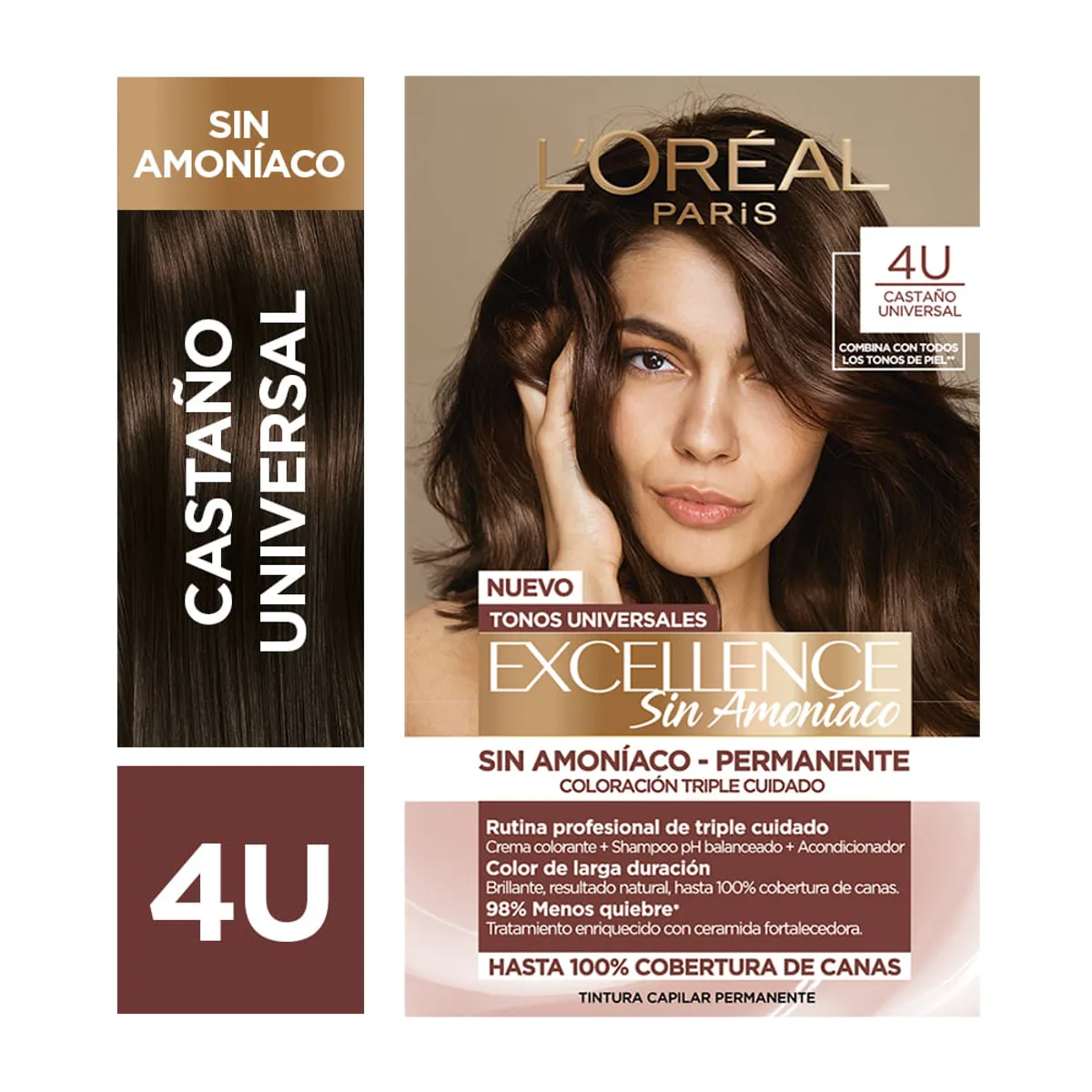 Kit de coloración permanente Excellence sin amoníaco de L'Oréal Paris tono 4U castaño universal