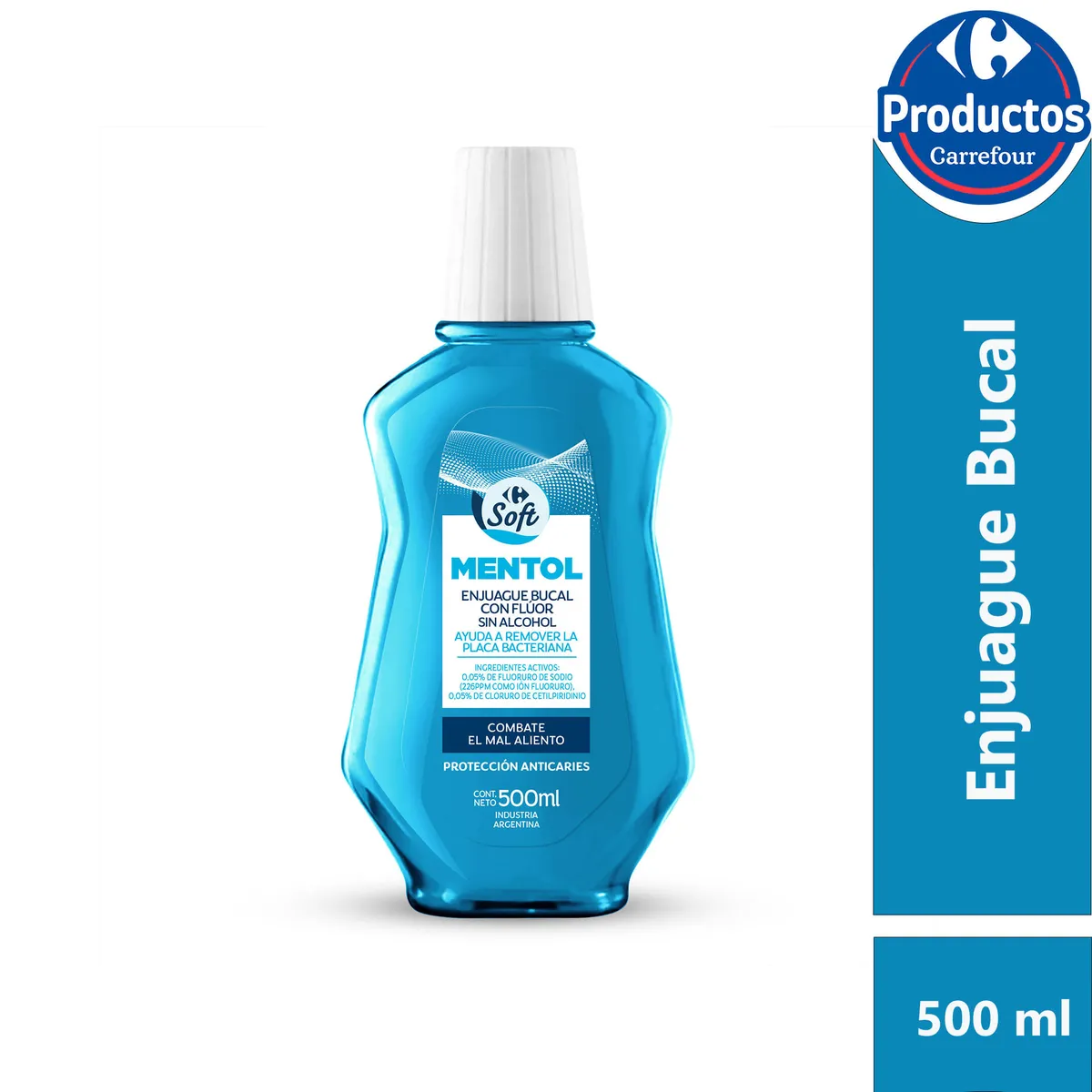 Enjuague bucal de mentol Carrefour Soft en botella 500 cc.