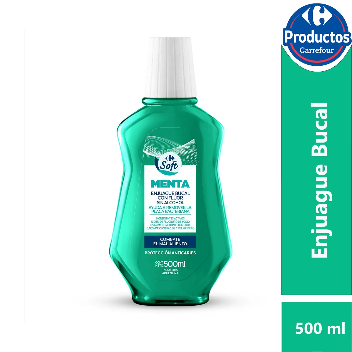 Enjuague bucal de menta Carrefour Soft en botella 500 cc.