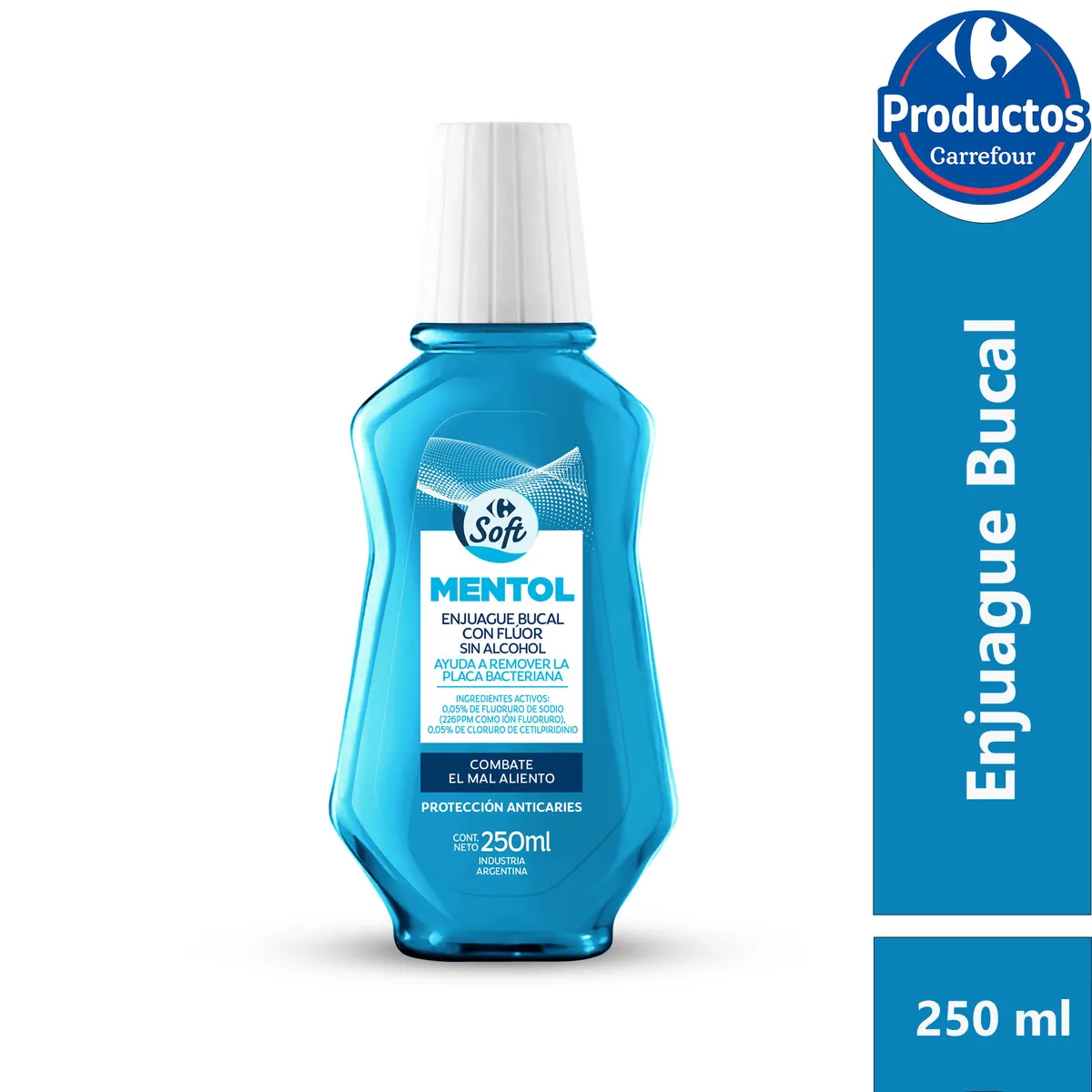Enjuague bucal de mentol Carrefour Soft en botella 250 cc.