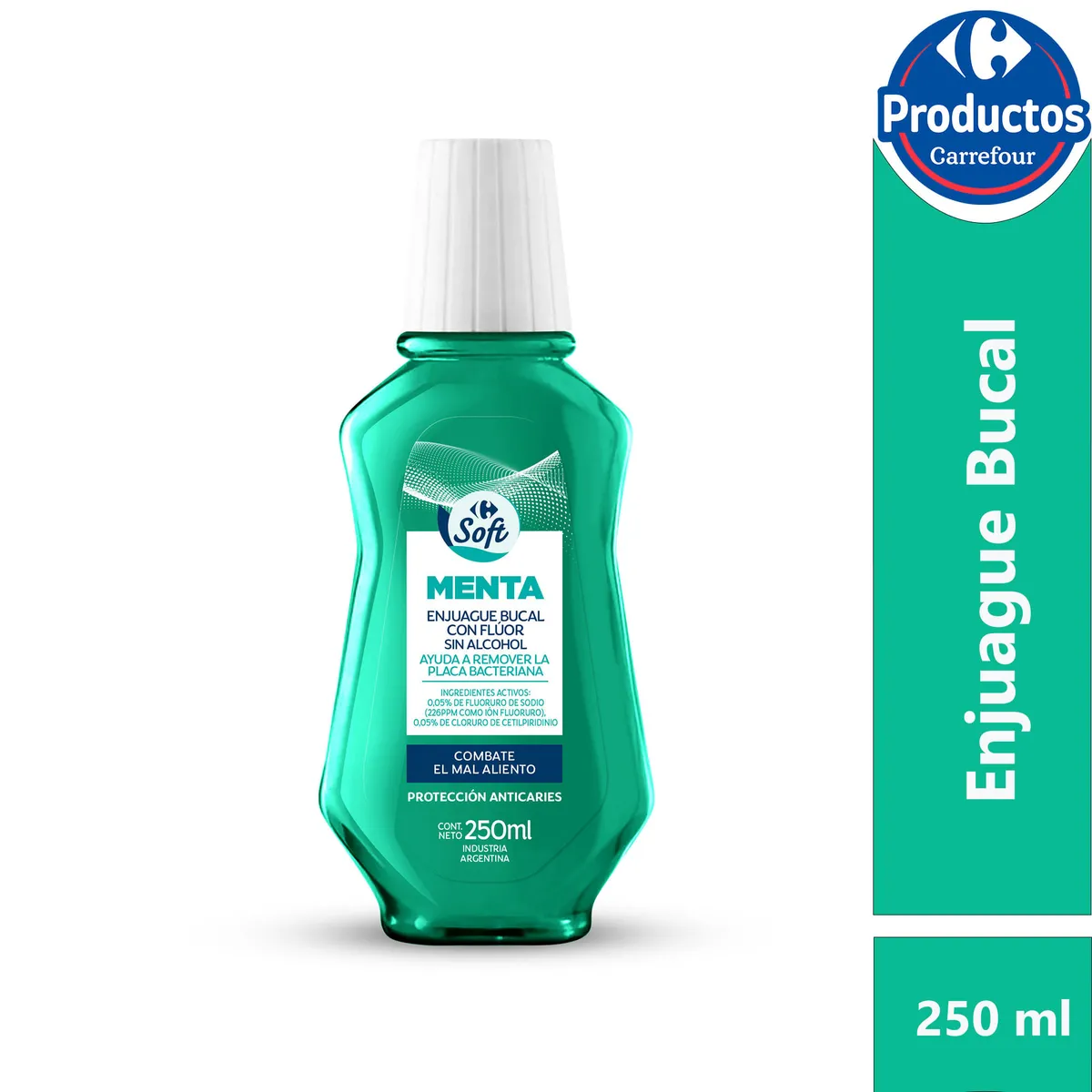Enjuague bucal de menta Carrefour Soft en botella 250 cc.