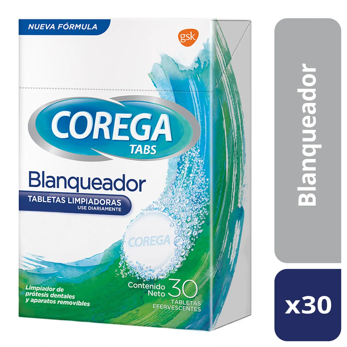 Tabletas limpiadoras para prótesis dentales Corega Tabs blanqueador 30 u.