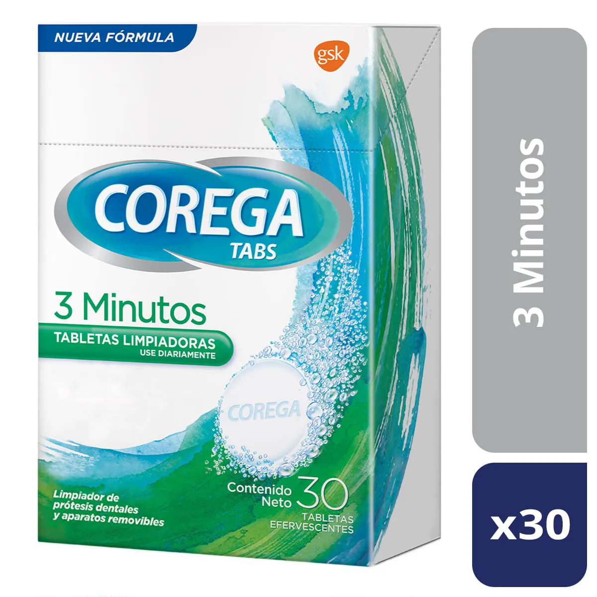 Tabletas limpiadoras para prótesis dentales Corega Tabs 3 minutos 30 u.