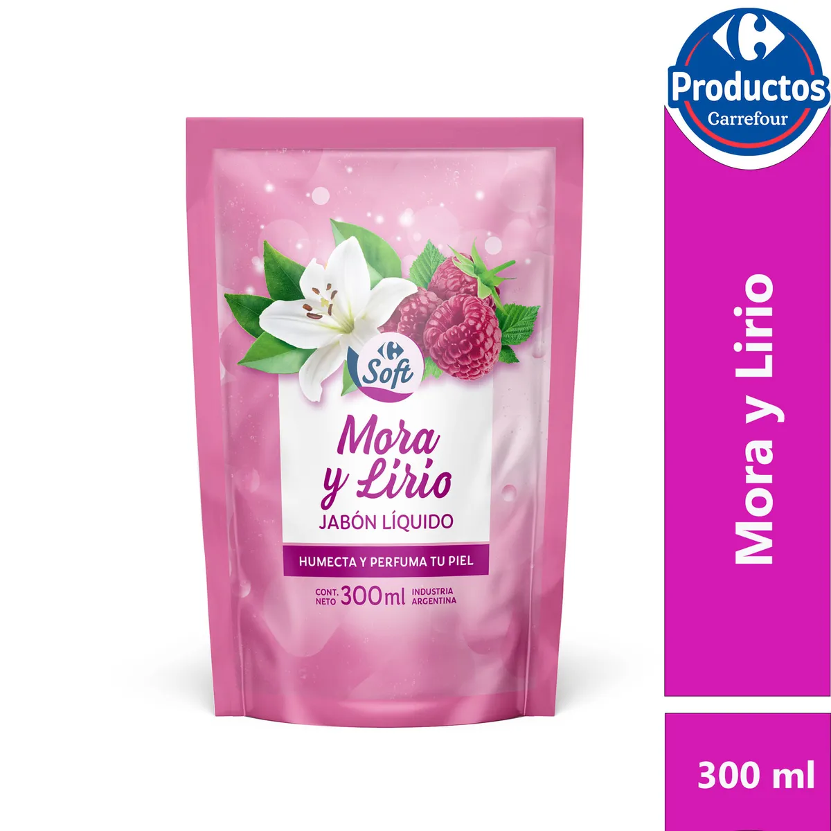 Jabón líquido Carrefour Soft de mora y lirios dp 300 cc.