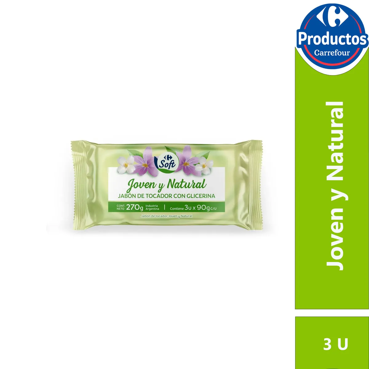 Jabón de tocador Carrefour Soft joven y natural 90 grs x 3 uni