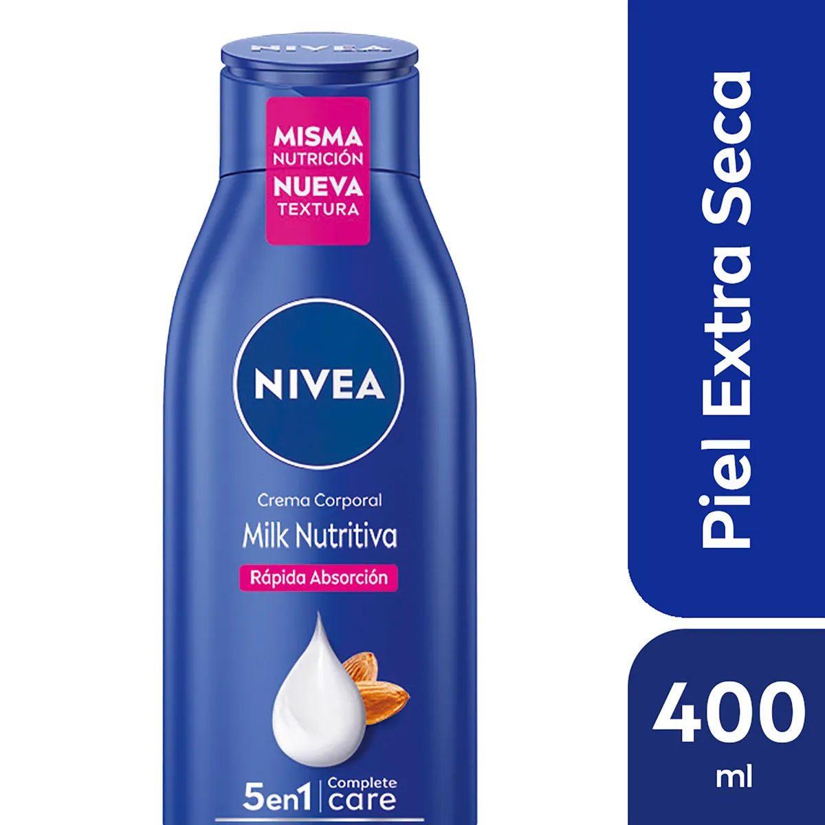 Crema corporal hidratante Nivea milk nutritiva 5 en 1 para piel extra seca x 400 ml.