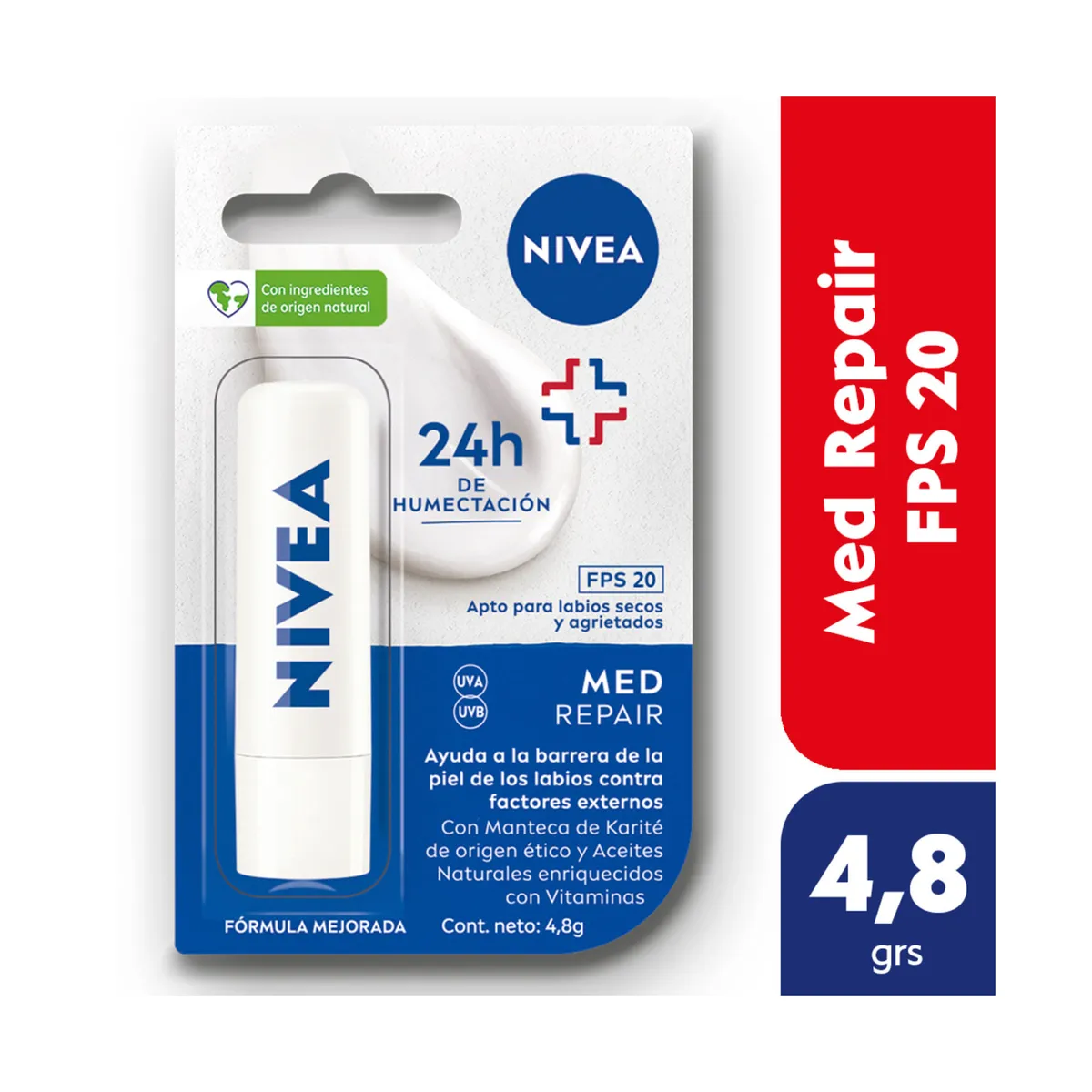 Protector labial humectante Nivea Med Repair FPS 20 para todo tipo de piel 4,8 grs