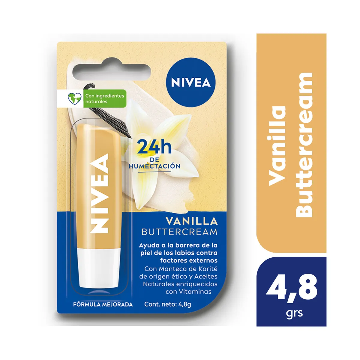 Protector labial humectante Nivea vainilla Buttercream para todo tipo de piel 4.8 g.