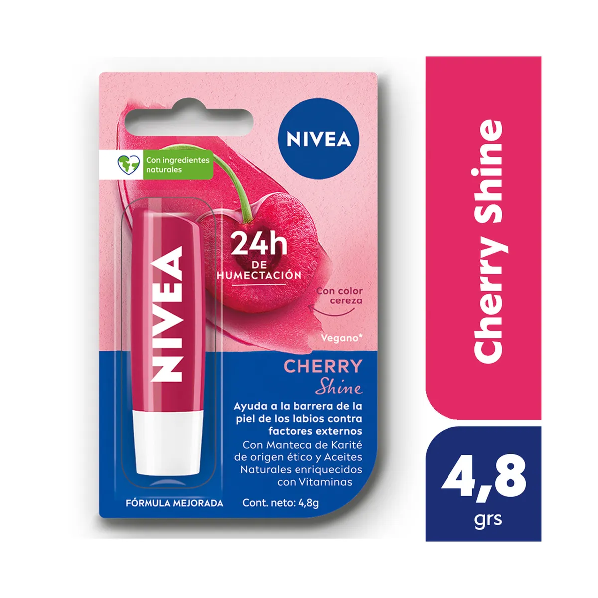 Protector labial humectante Nivea Cherry shine para todo tipo de piel 4.8 g.