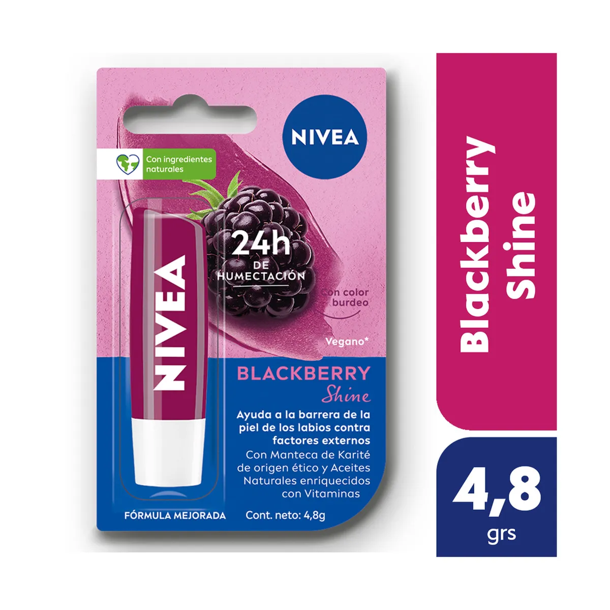 Protector labial humectante Nivea Blackberry shine para todo tipo de piel 4.8 g.