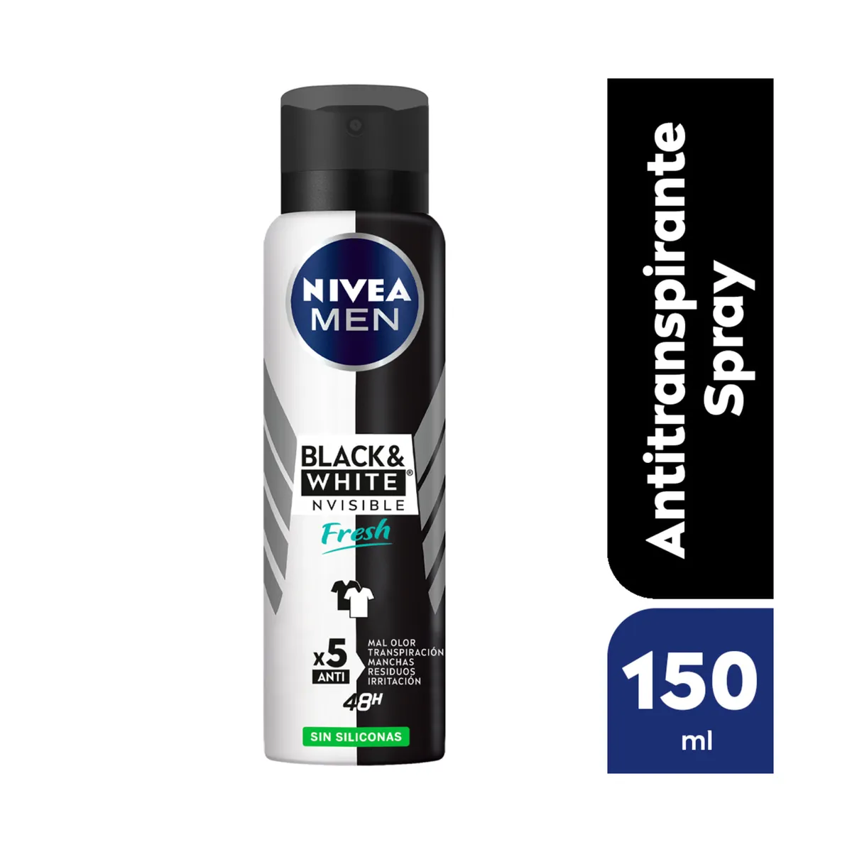 Desodorante antitranspirante Nivea Men Black & White Fresh sin siliconas 150 ml.