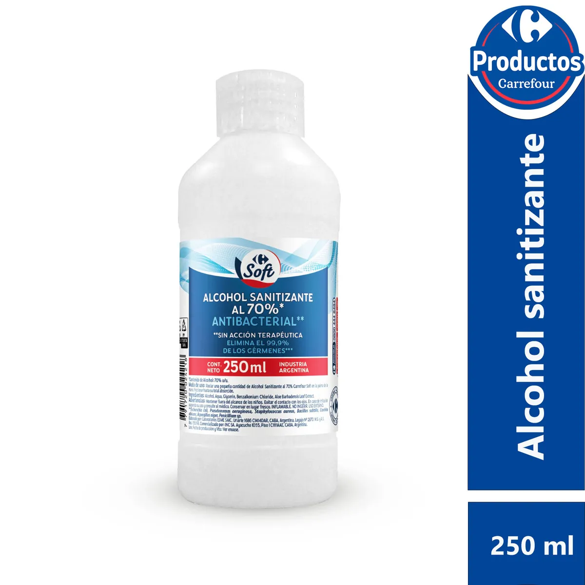 Alcohol sanitizante Carrefour soft al 70% 250 cc.
