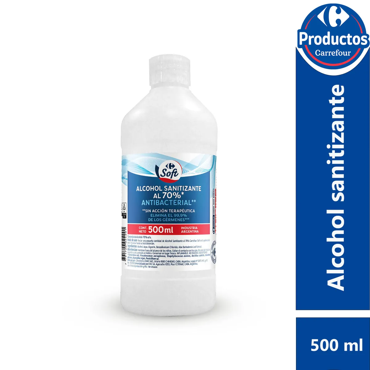 Alcohol sanitizante Carrefour soft al 70% 500 cc.