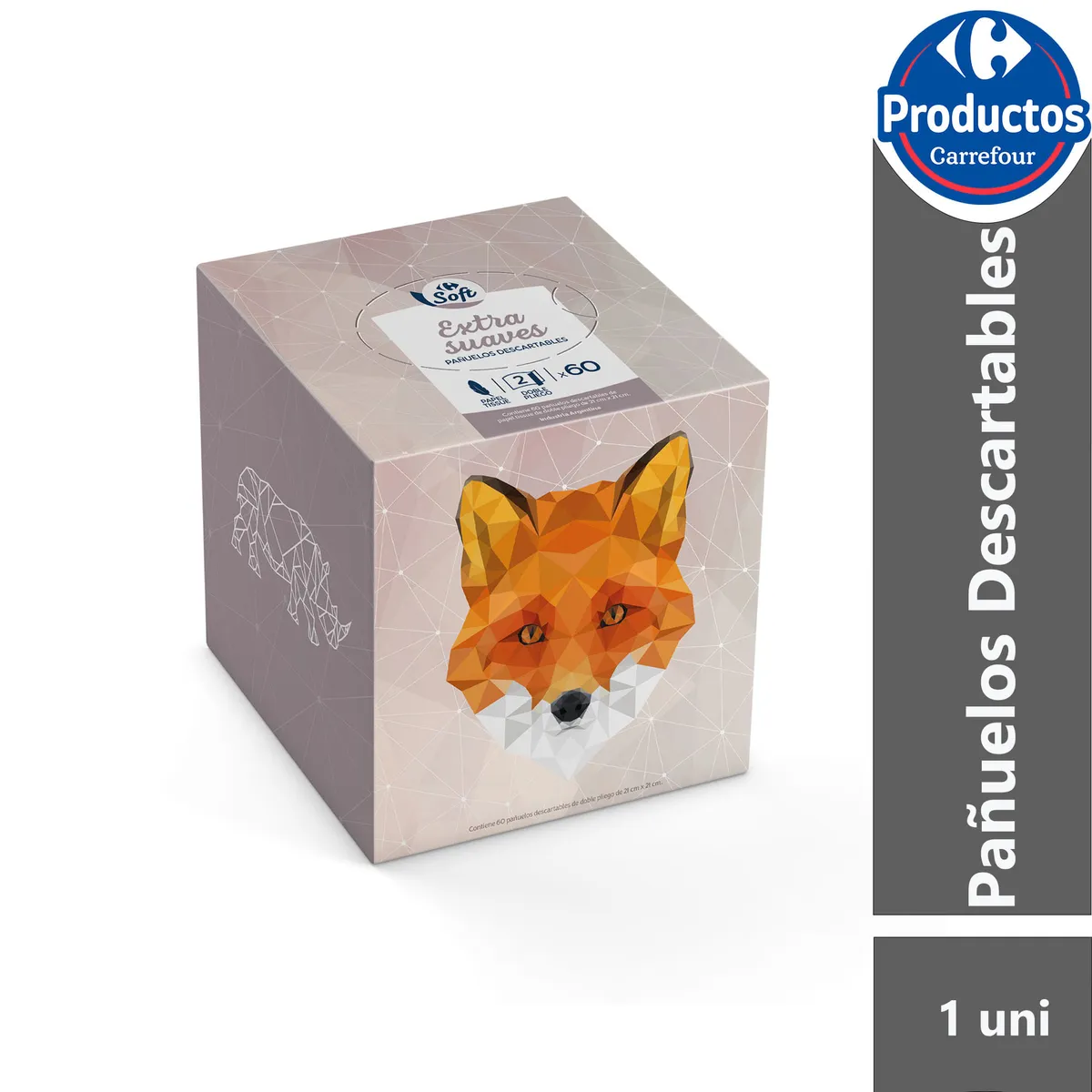 Pañuelos descartables Carrefour Soft cubo 60 uni