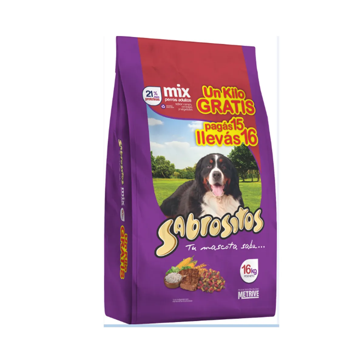 Alimento seco para perro adulto Sabrositos mix carne, cereales y vegetales bonus 15 + 1 kg
