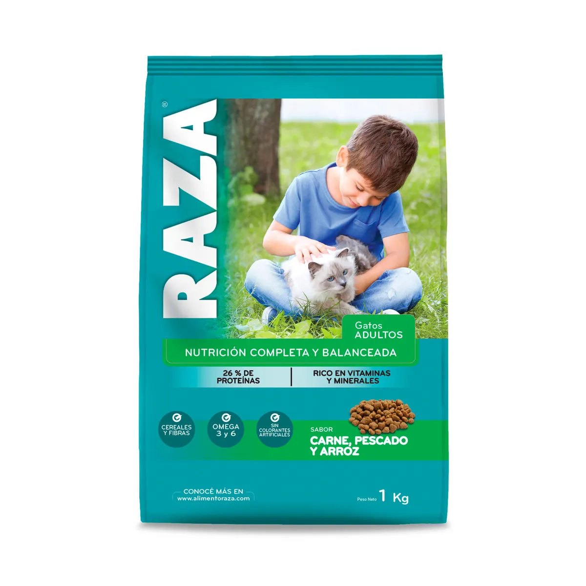Alimento seco para gato Raza 1 kg. carne, pescado y arroz
