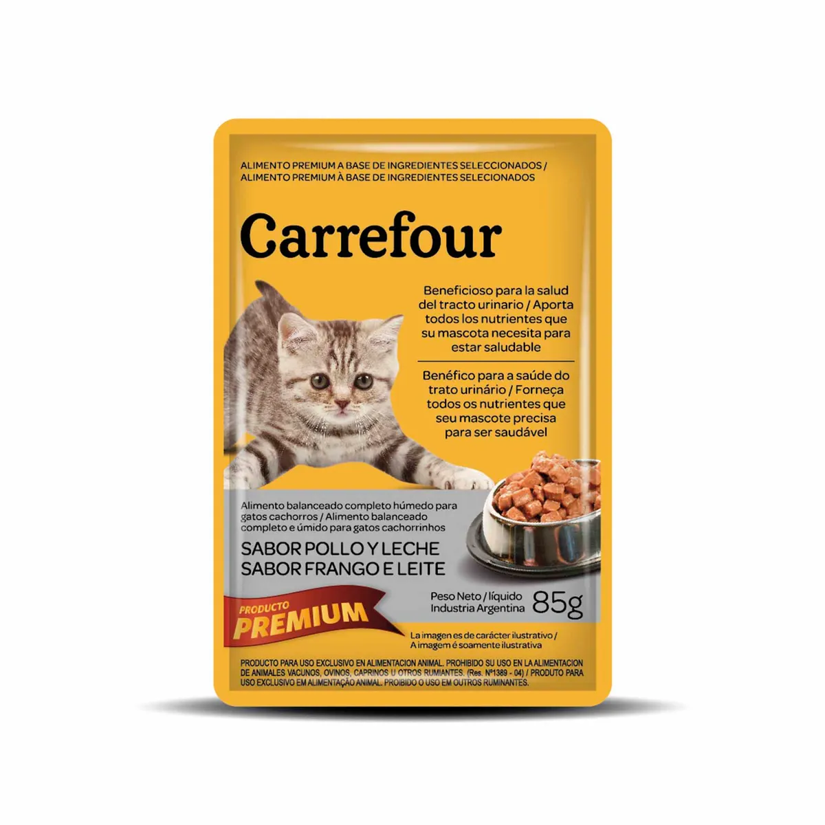 Alimento húmedo balanceado para gato Carrefour pollo y leche 85 g.