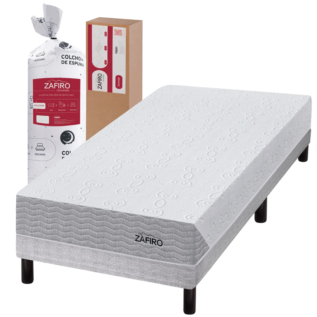 Conjunto Sommier en caja y Colchón Zafiro Express Light de 1 plaza 80x190